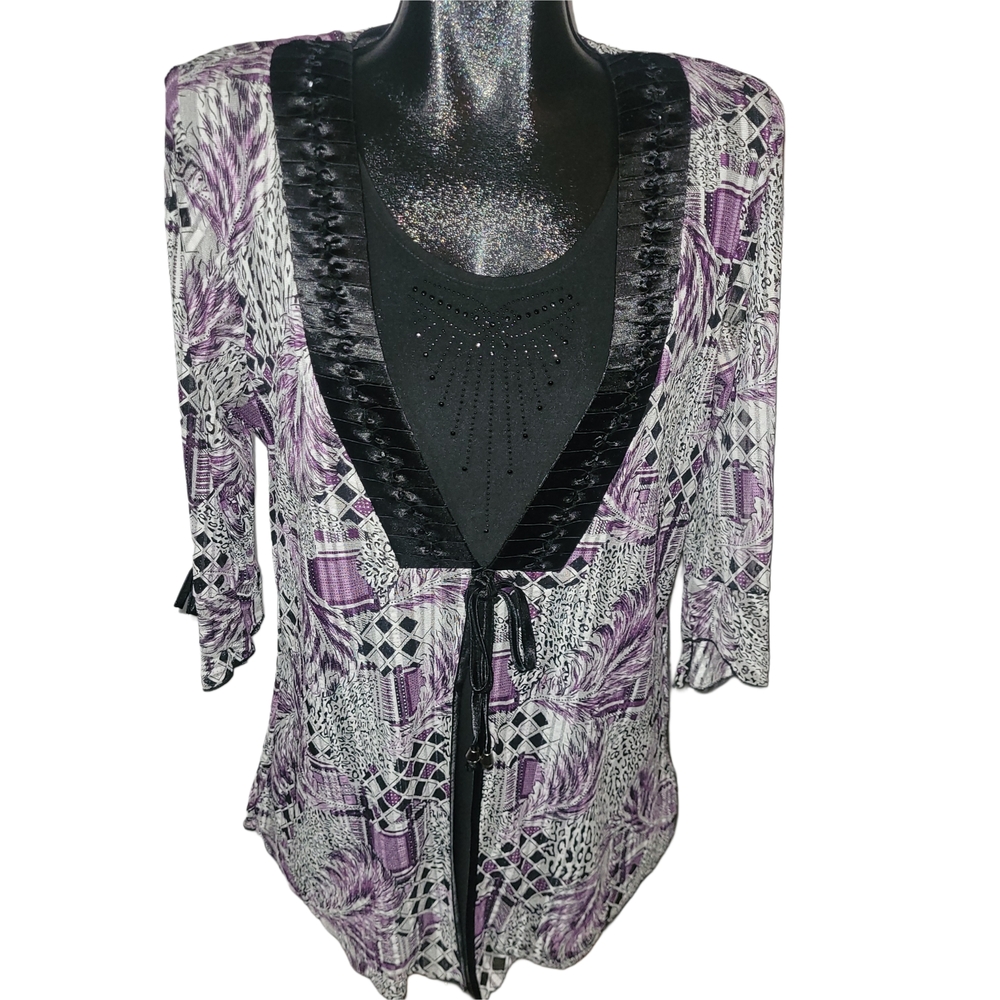 Claire France Purple and Black Patterned Blouse With Cropped Sleeves Size 1X